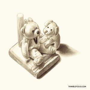 Colour drawing of toy bears on a tablet stand